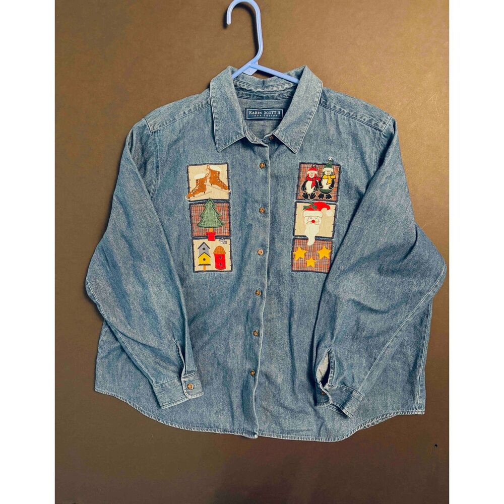Vintage Karen Scott II Denim Christmas Shirt Embroidered Santa Fits Lg and XL